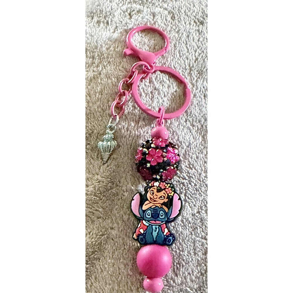 Silicone Focal Beadable Keychain - Lilo and Stitch with seashell charm